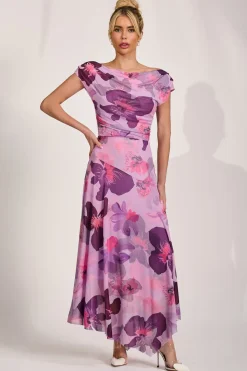 Asymmetrical Draped Mesh Maxi Dress, Pink Floral