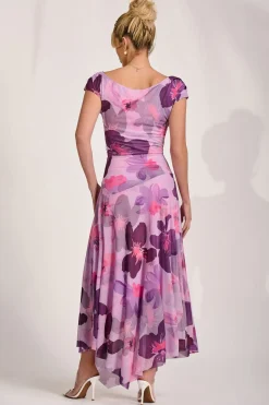 Asymmetrical Draped Mesh Maxi Dress, Pink Floral