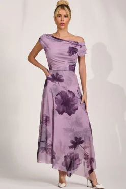 Asymmetrical Draped Mesh Maxi Dress, Purple Floral