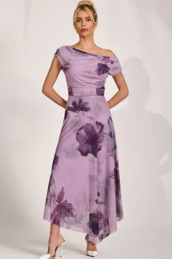Asymmetrical Draped Mesh Maxi Dress, Purple Floral