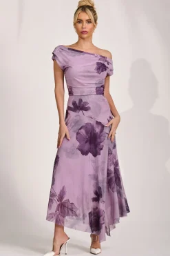 Asymmetrical Draped Mesh Maxi Dress, Purple Floral