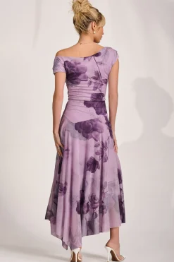 Asymmetrical Draped Mesh Maxi Dress, Purple Floral