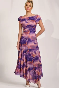 Asymmetrical Draped Mesh Maxi Dress, Purple Multi