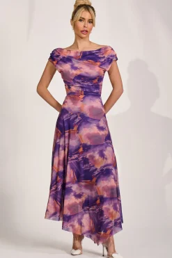 Asymmetrical Draped Mesh Maxi Dress, Purple Multi