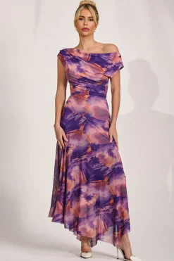 Asymmetrical Draped Mesh Maxi Dress, Purple Multi