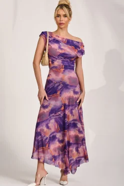 Asymmetrical Draped Mesh Maxi Dress, Purple Multi