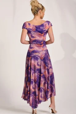 Asymmetrical Draped Mesh Maxi Dress, Purple Multi