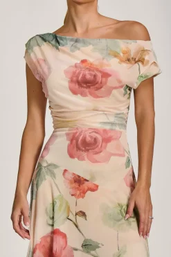 Asymmetrical Draped Mesh Maxi Dress, Yellow Floral