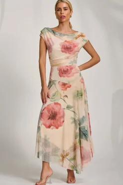 Asymmetrical Draped Mesh Maxi Dress, Yellow Floral
