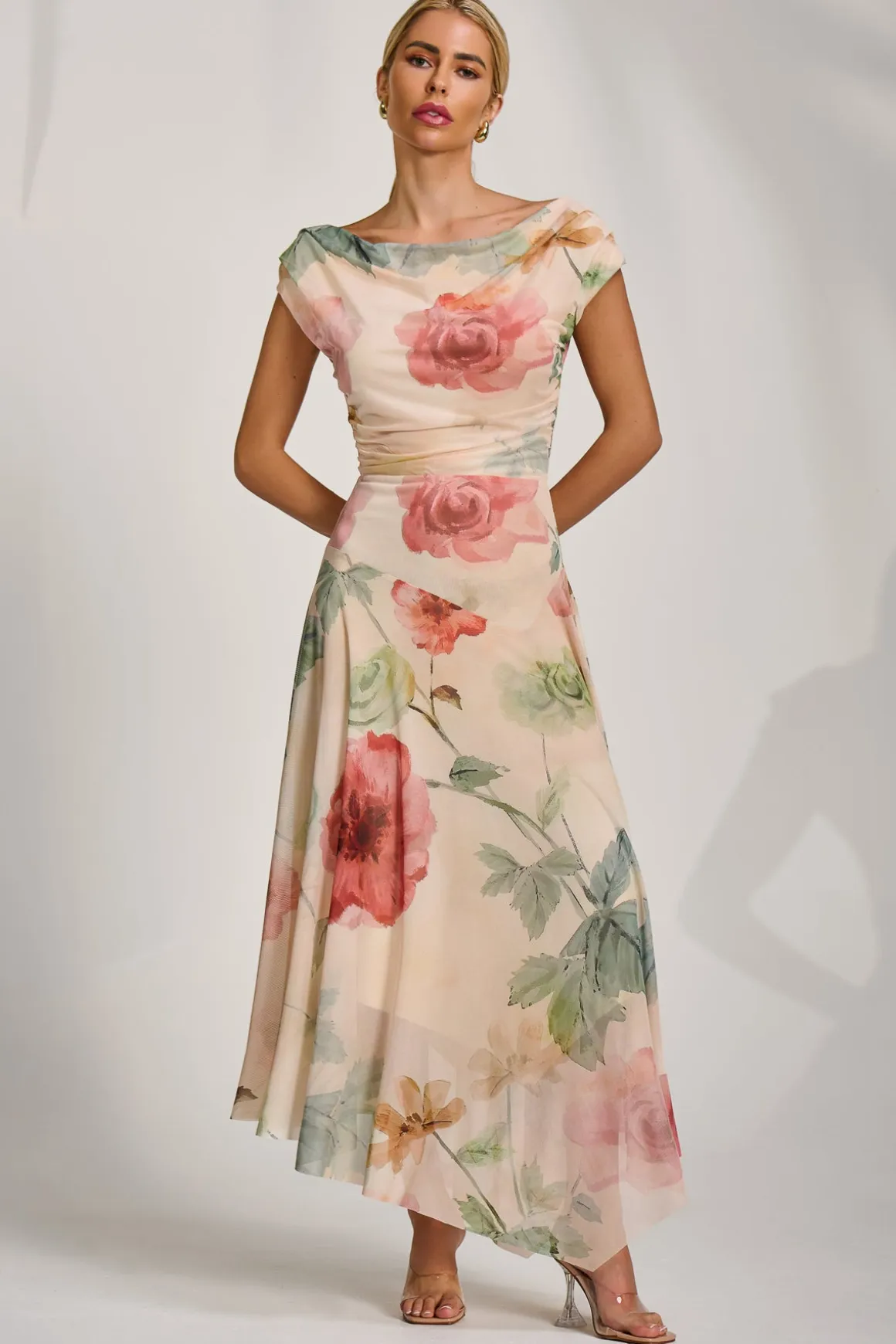 Asymmetrical Draped Mesh Maxi Dress, Yellow Floral