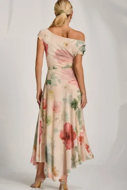Asymmetrical Draped Mesh Maxi Dress, Yellow Floral