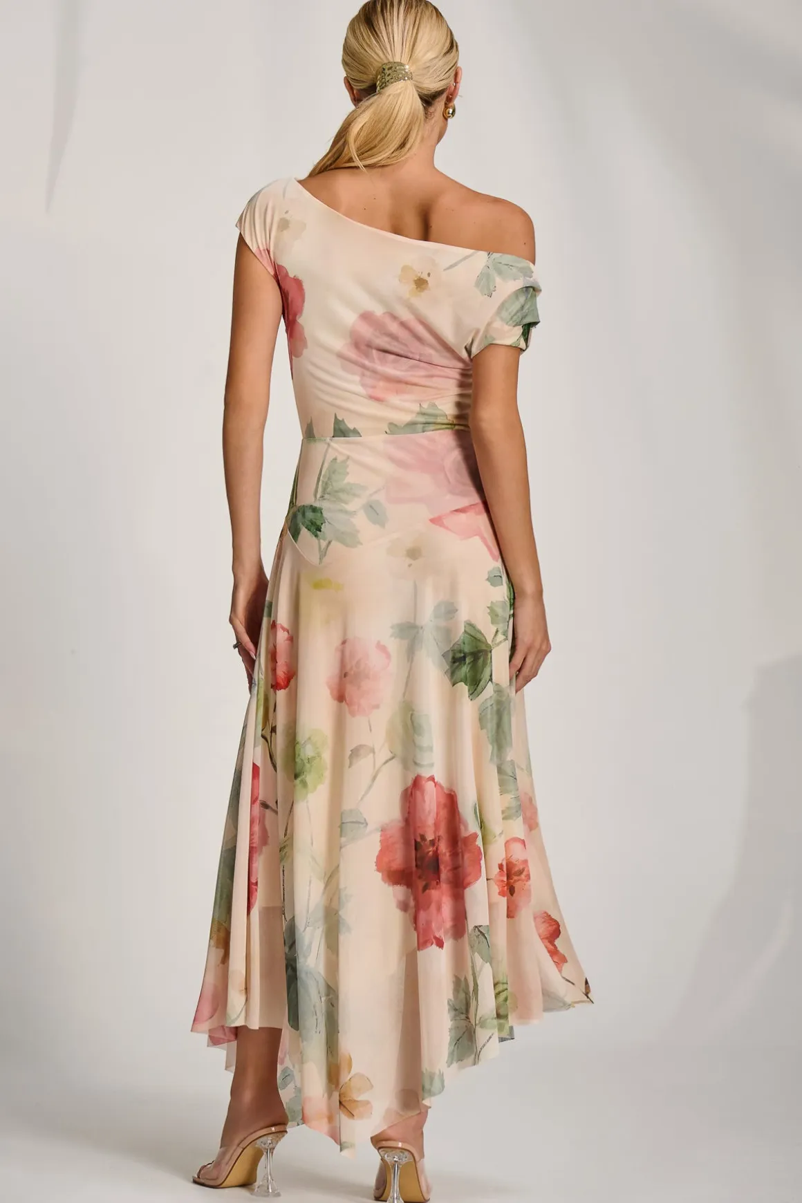 Asymmetrical Draped Mesh Maxi Dress, Yellow Floral