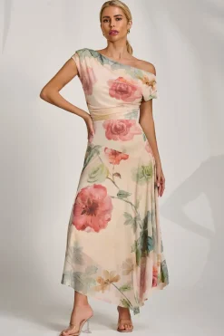 Asymmetrical Draped Mesh Maxi Dress, Yellow Floral