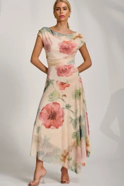 Asymmetrical Draped Mesh Maxi Dress, Yellow Floral