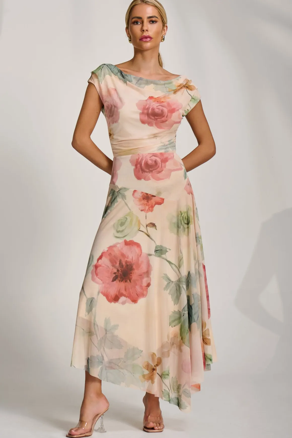 Asymmetrical Draped Mesh Maxi Dress, Yellow Floral
