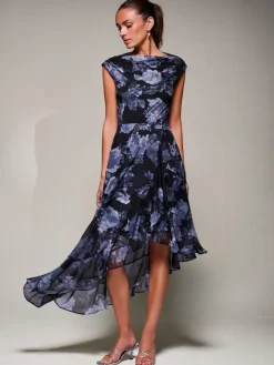 Asymmetrical Draped Mesh Midaxi Dress Black Abstract