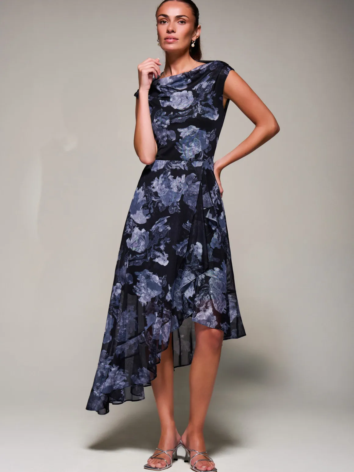 Asymmetrical Draped Mesh Midaxi Dress Black Abstract