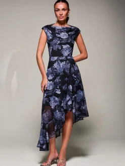 Asymmetrical Draped Mesh Midaxi Dress Black Abstract
