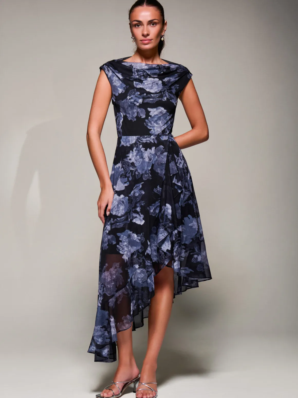 Asymmetrical Draped Mesh Midaxi Dress Black Abstract