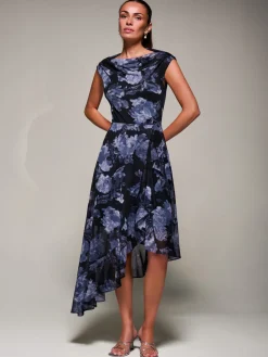 Asymmetrical Draped Mesh Midaxi Dress Black Abstract