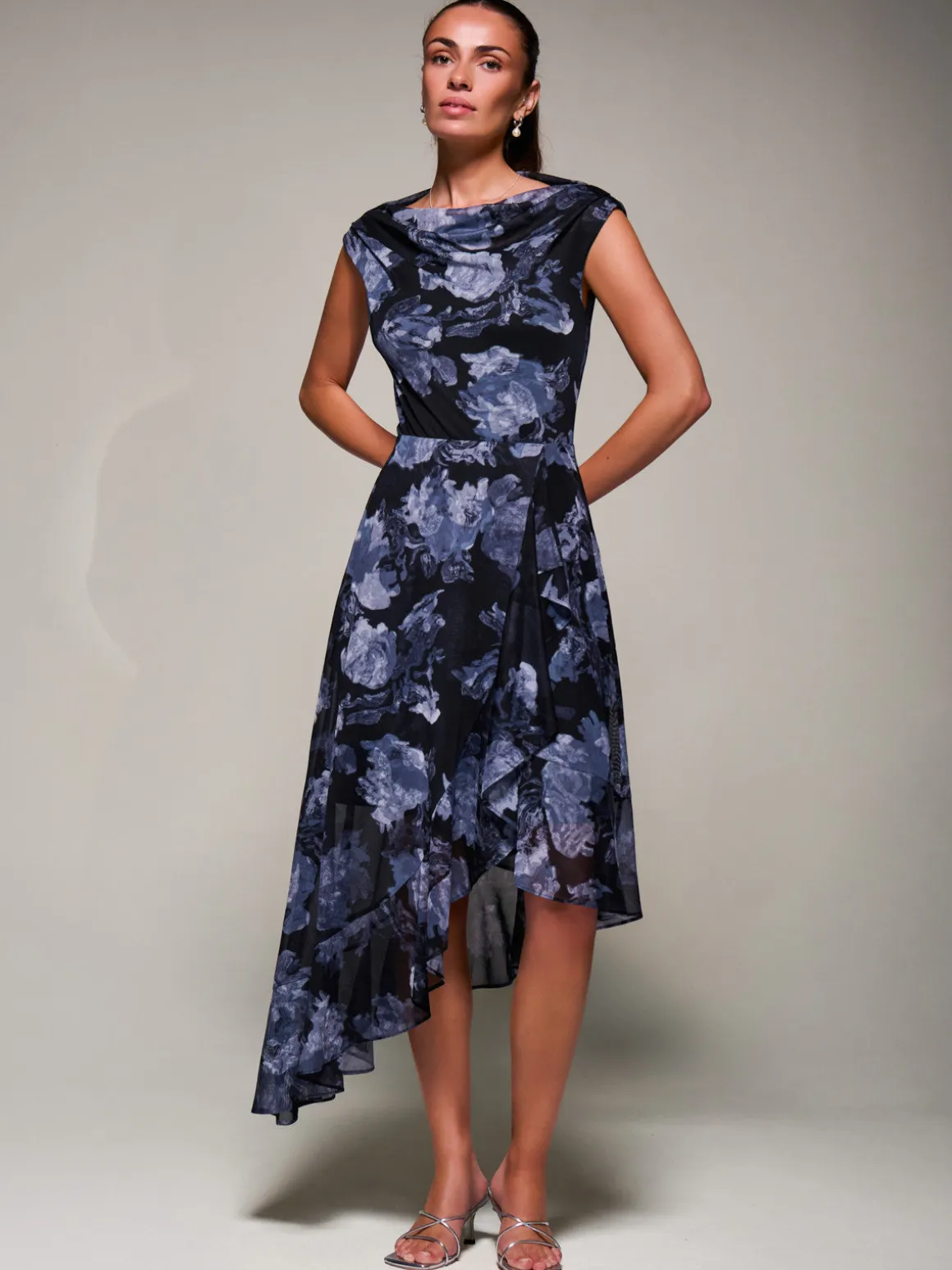 Asymmetrical Draped Mesh Midaxi Dress Black Abstract