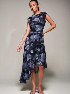 Asymmetrical Draped Mesh Midaxi Dress Black Abstract