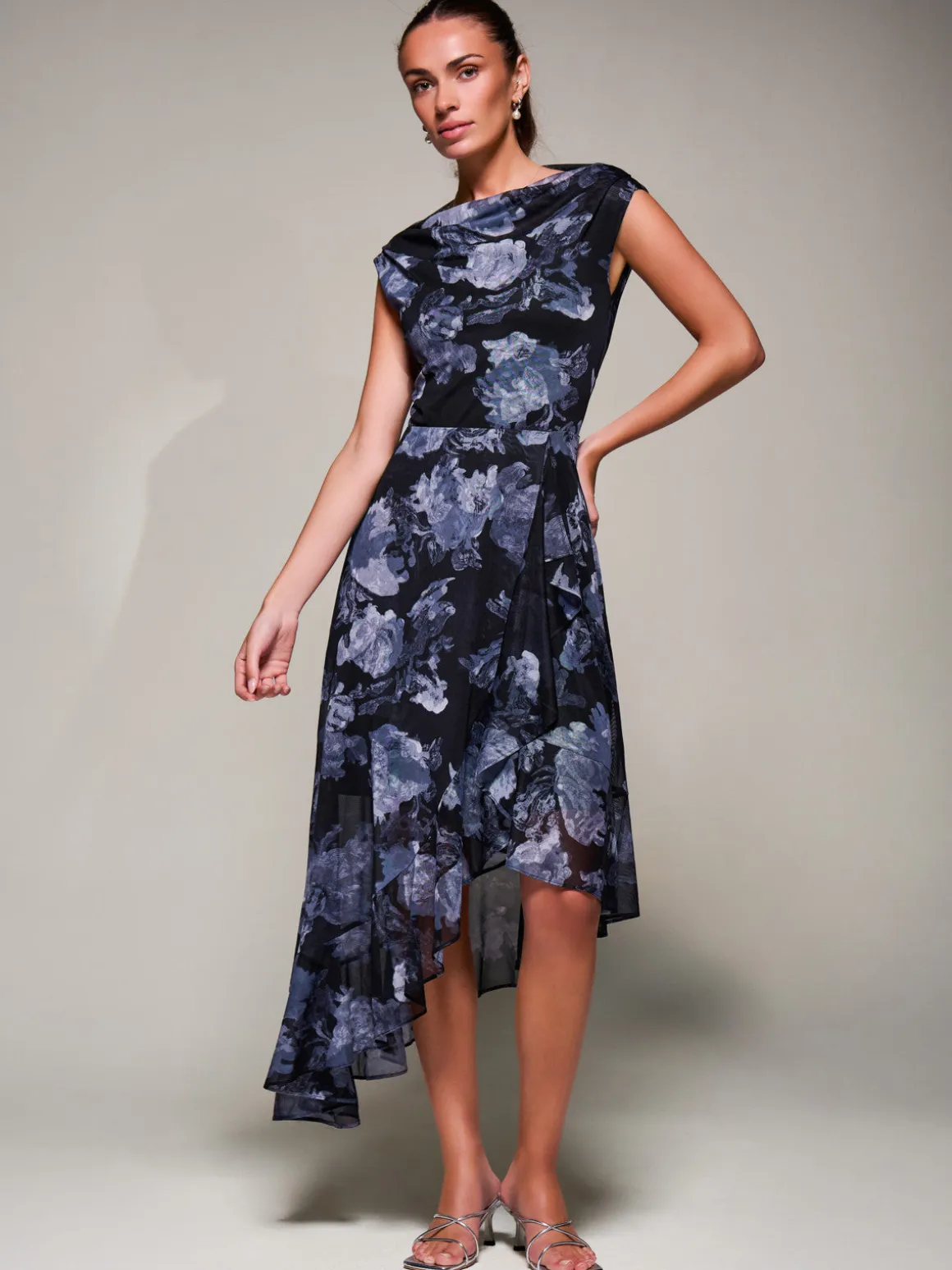 Asymmetrical Draped Mesh Midaxi Dress Black Abstract