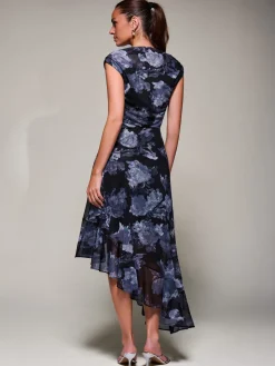 Asymmetrical Draped Mesh Midaxi Dress Black Abstract