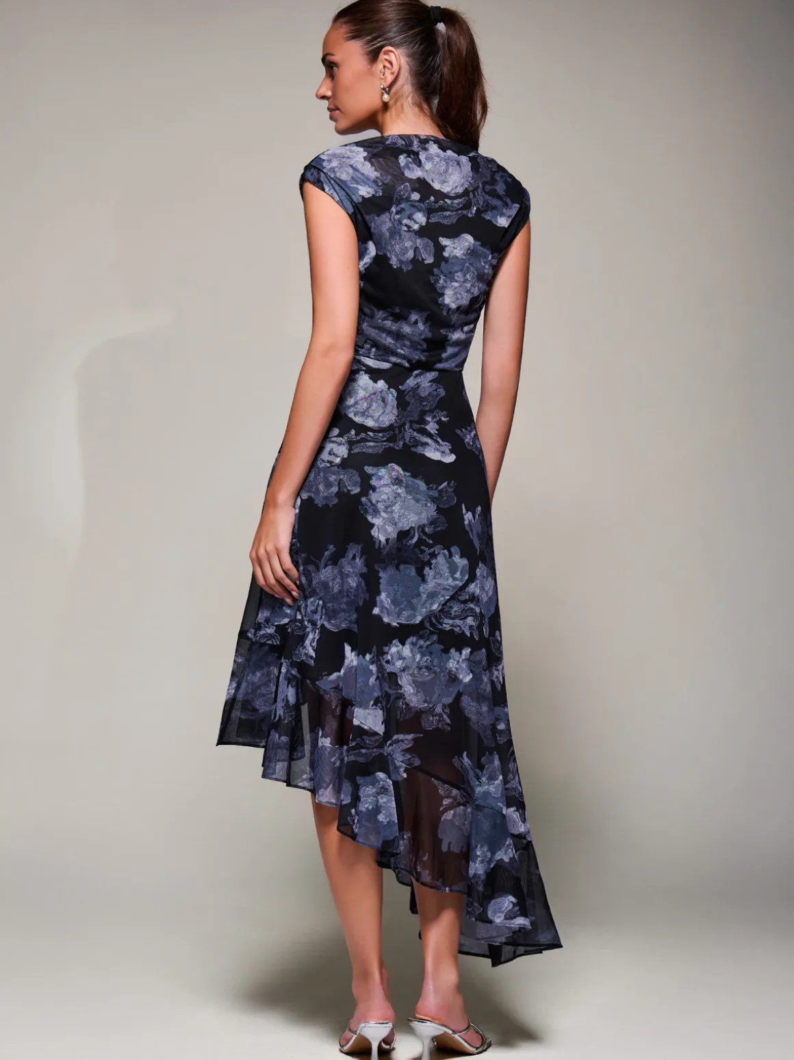 Asymmetrical Draped Mesh Midaxi Dress Black Abstract