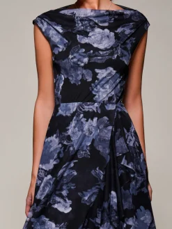 Asymmetrical Draped Mesh Midaxi Dress Black Abstract