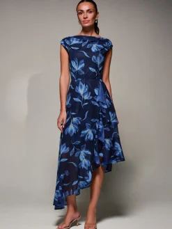 Asymmetrical Draped Mesh Midaxi Dress Blue Floral