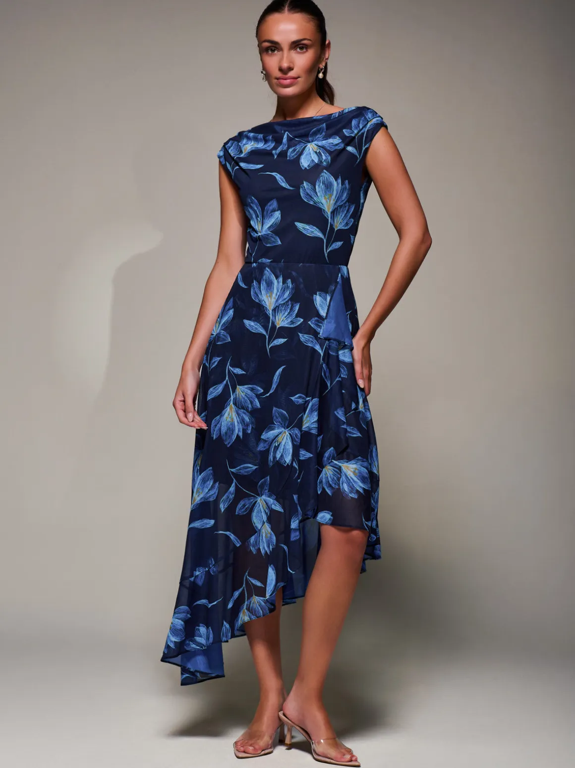 Asymmetrical Draped Mesh Midaxi Dress Blue Floral
