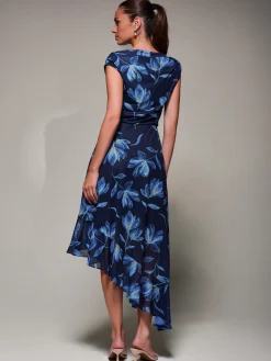 Asymmetrical Draped Mesh Midaxi Dress Blue Floral