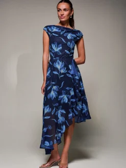 Asymmetrical Draped Mesh Midaxi Dress Blue Floral