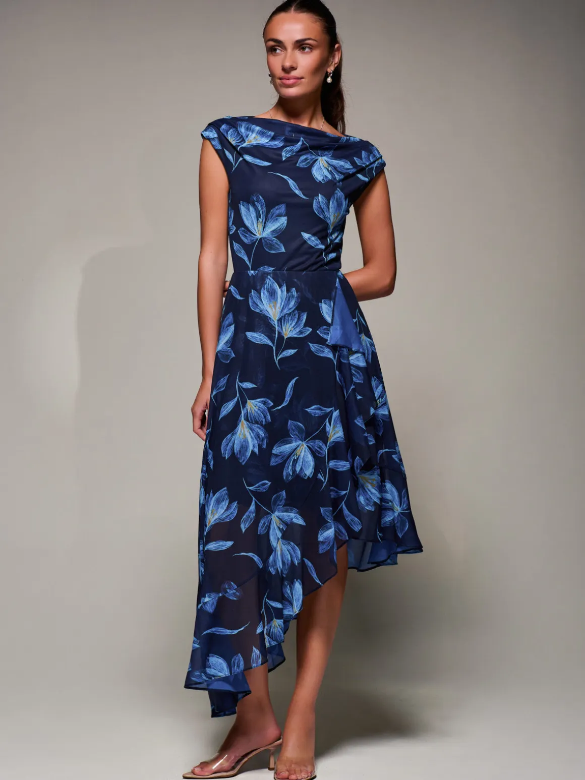 Asymmetrical Draped Mesh Midaxi Dress Blue Floral
