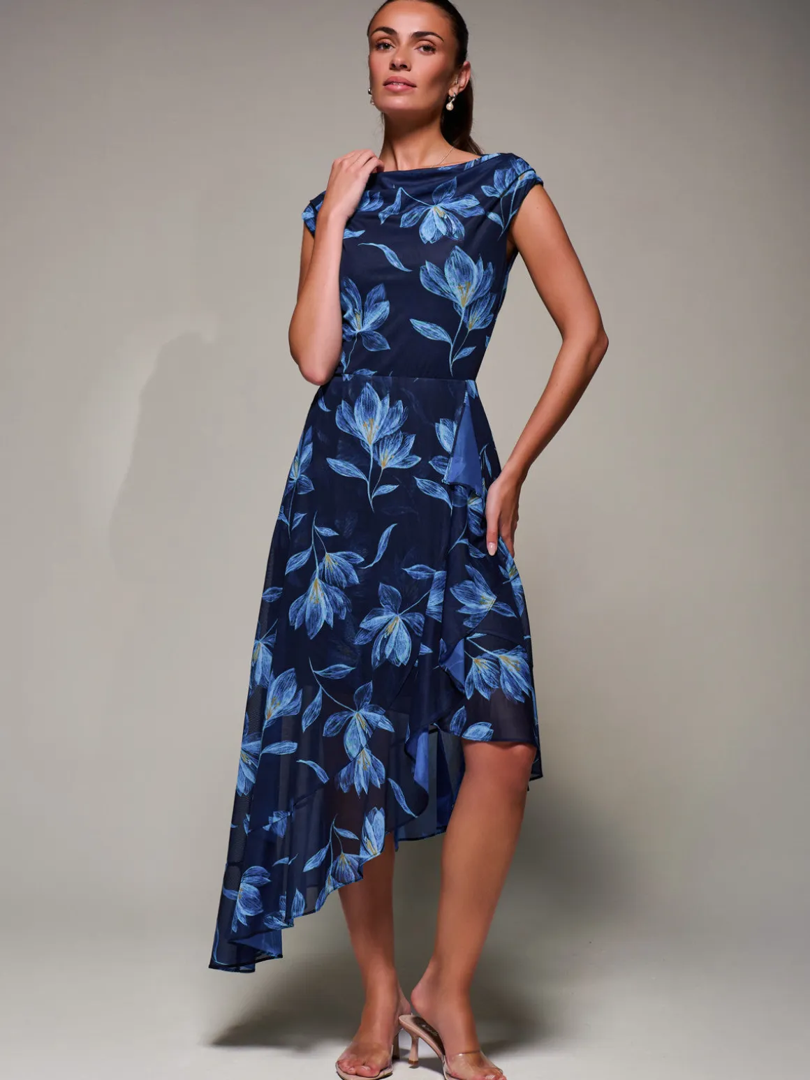 Asymmetrical Draped Mesh Midaxi Dress Blue Floral