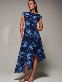 Asymmetrical Draped Mesh Midaxi Dress Blue Floral
