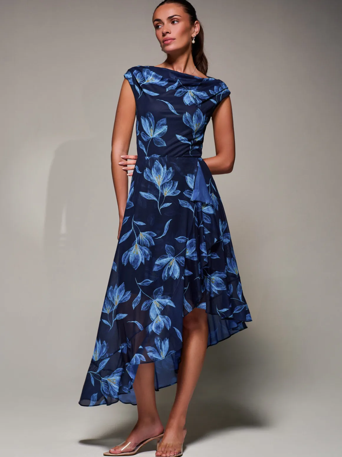 Asymmetrical Draped Mesh Midaxi Dress Blue Floral