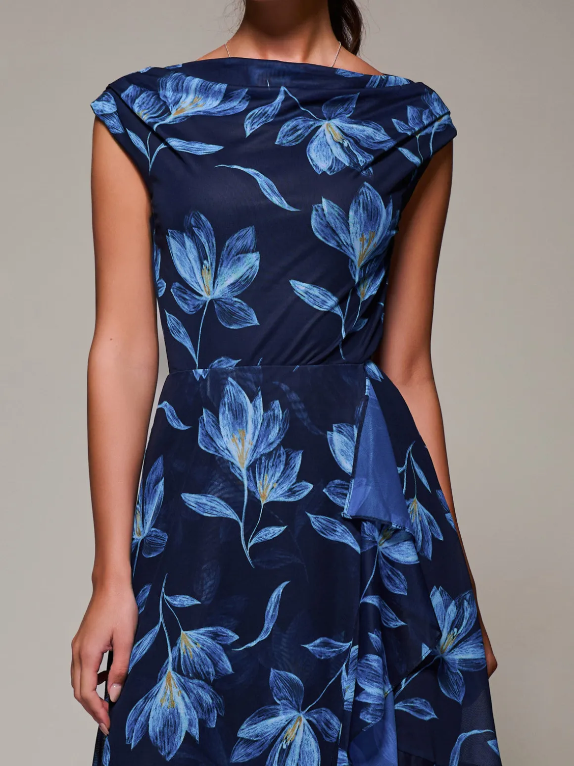 Asymmetrical Draped Mesh Midaxi Dress Blue Floral