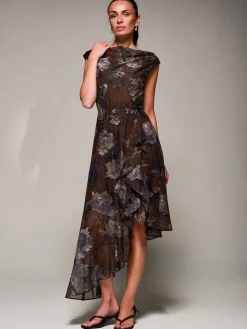 Asymmetrical Draped Mesh Midaxi Dress Brown Abstract