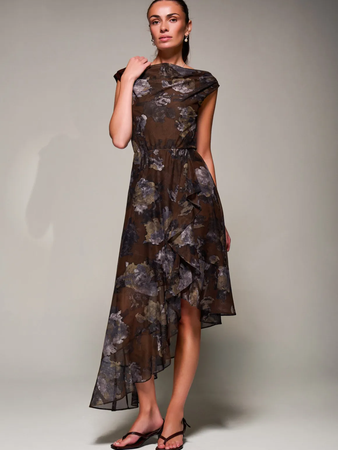 Asymmetrical Draped Mesh Midaxi Dress Brown Abstract