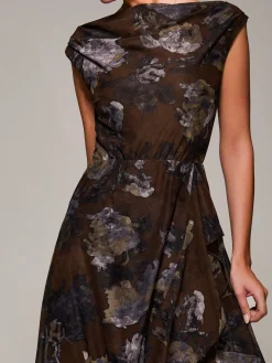 Asymmetrical Draped Mesh Midaxi Dress Brown Abstract