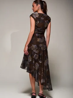 Asymmetrical Draped Mesh Midaxi Dress Brown Abstract