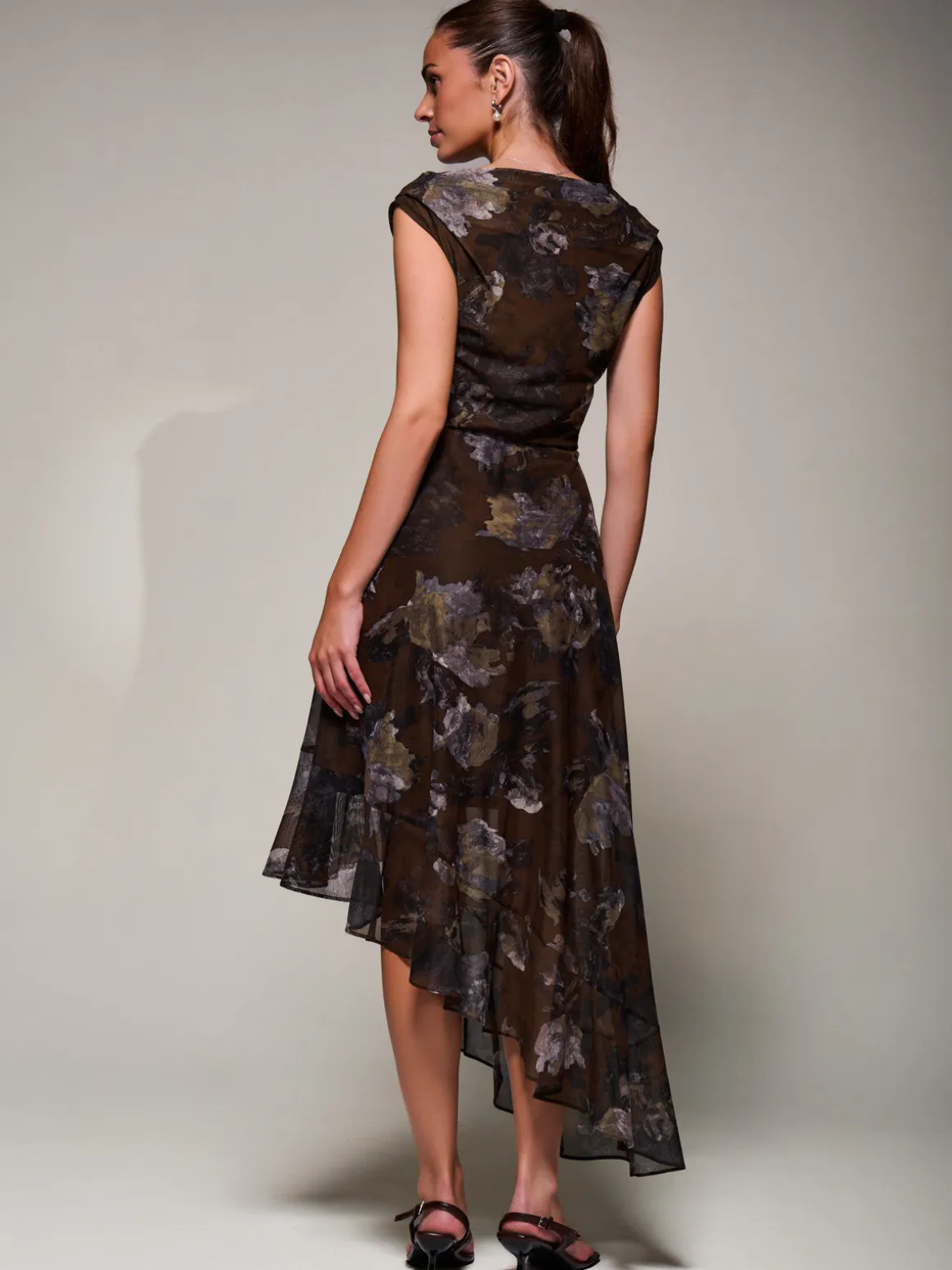 Asymmetrical Draped Mesh Midaxi Dress Brown Abstract