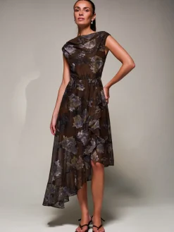 Asymmetrical Draped Mesh Midaxi Dress Brown Abstract