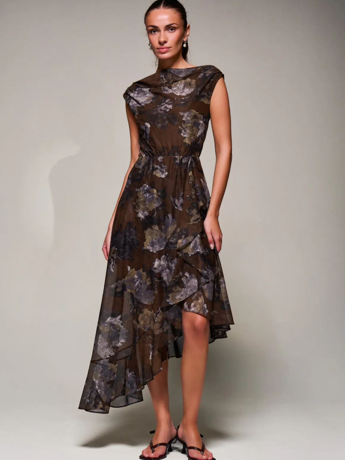 Asymmetrical Draped Mesh Midaxi Dress Brown Abstract