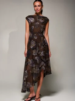 Asymmetrical Draped Mesh Midaxi Dress Brown Abstract