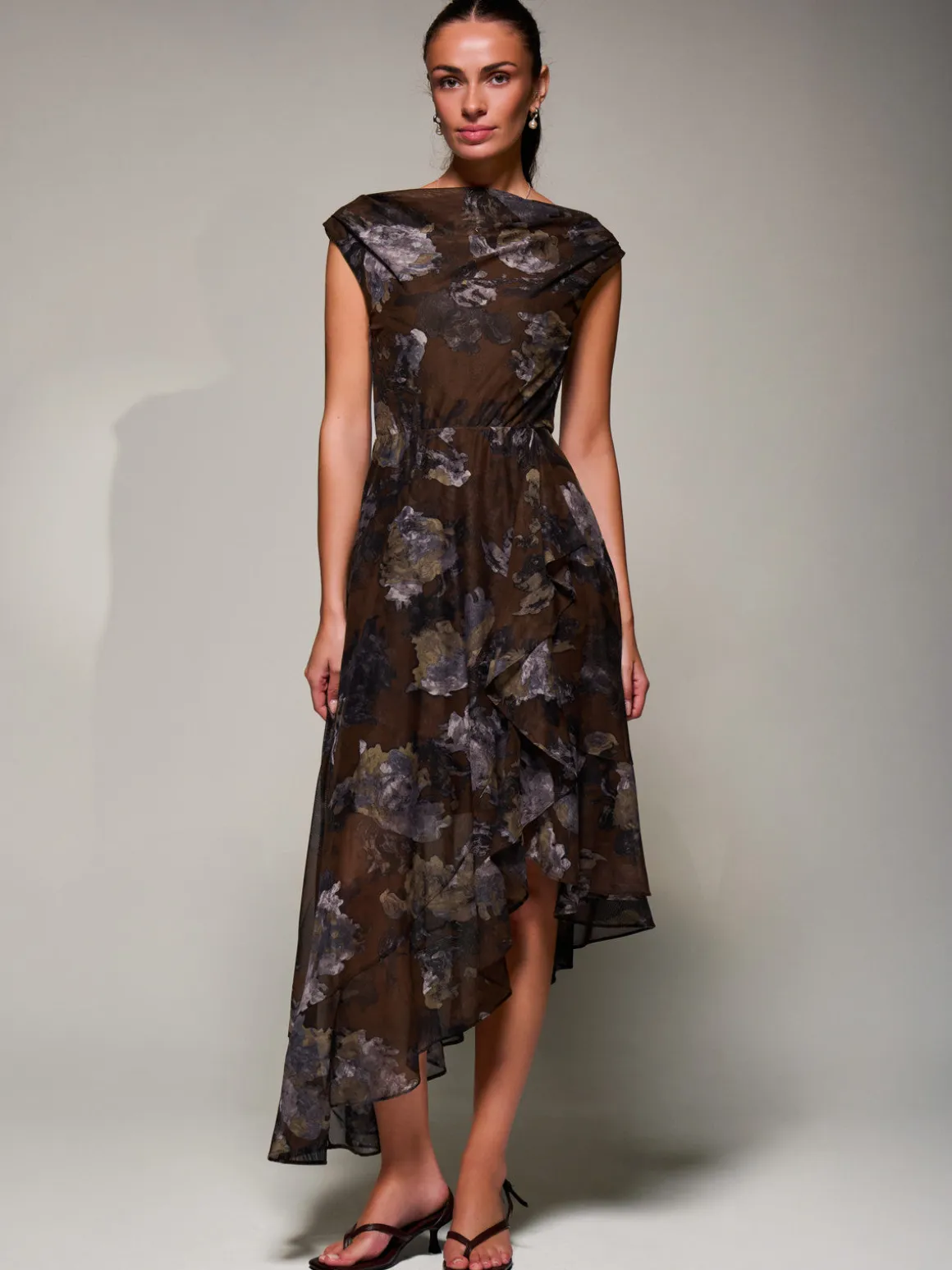 Asymmetrical Draped Mesh Midaxi Dress Brown Abstract