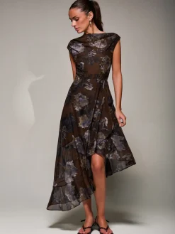Asymmetrical Draped Mesh Midaxi Dress Brown Abstract
