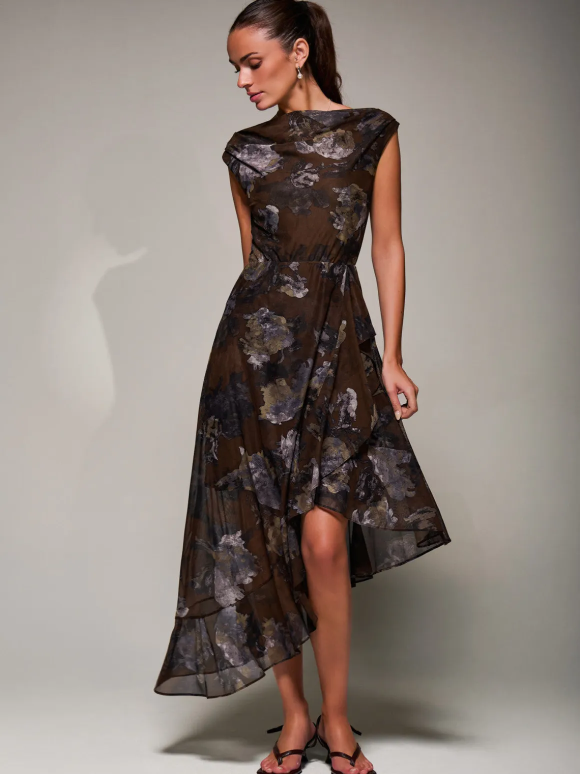 Asymmetrical Draped Mesh Midaxi Dress Brown Abstract